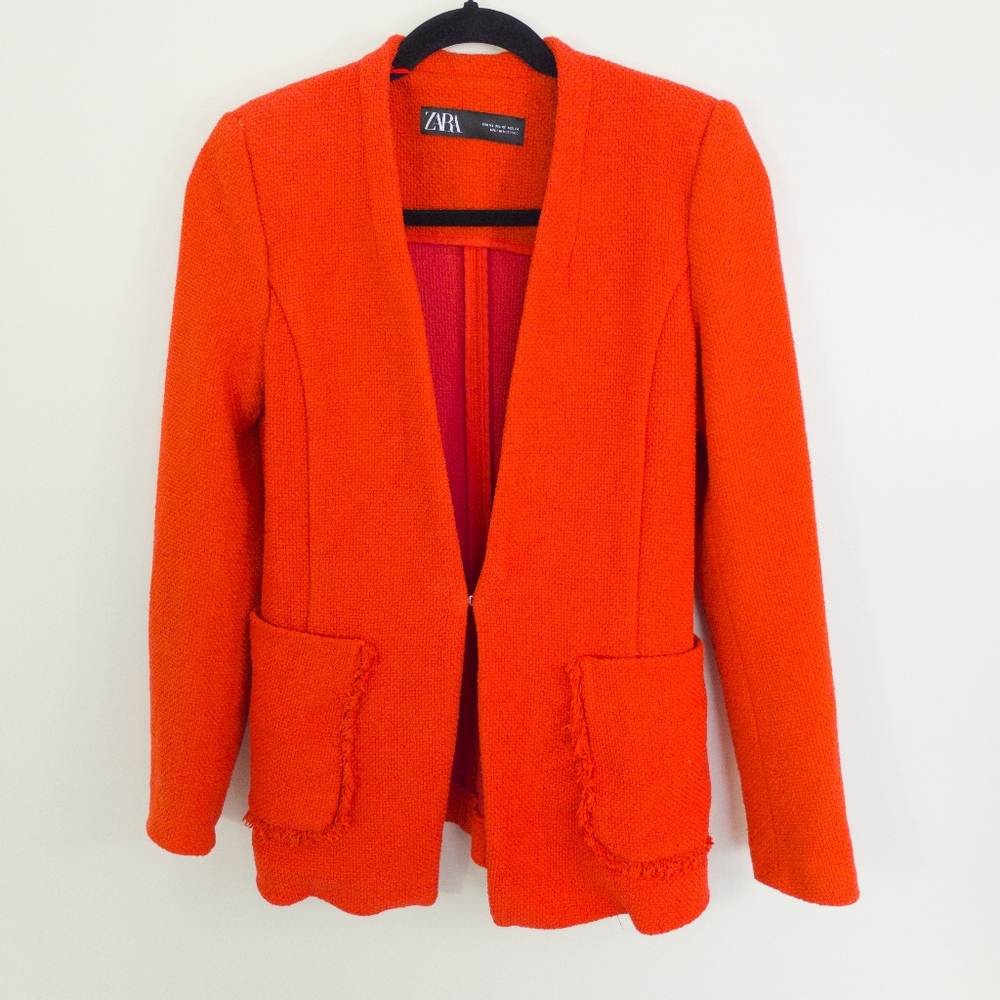 ZARA Orange Textured Tweed Blazer Jacket Frayed XS